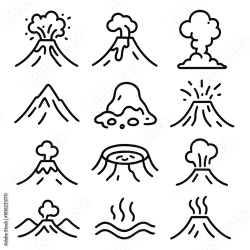 Volcano Icon Set. Volcanoes linear icon set. erupting volcano, lava flow, smoke cloud, ash plume, mountain peak, molten rock, crater, glowing magma, eruption sparks, valley, tremor