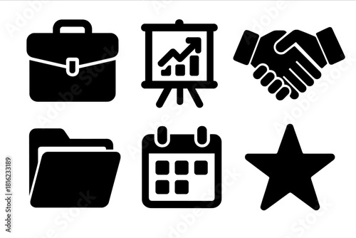 Bold Business Icons. Business courtesy silhouette icon set: briefcase, chart board, handshake, document folder, calendar, star