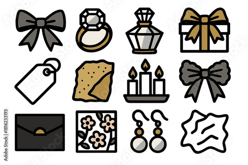 Elegant Gift Icons. Elegant Gift Ensemble silhouette icon set. satin ribbon, fine jewelry, crystal perfume, luxury box, gift tag, gold foil, candle trio, lace bow, designer clutch