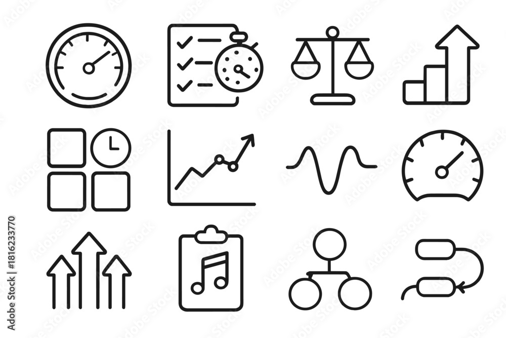 Fototapeta premium Work Pace Icons. Work Pace Icons linear icon set: workflow meter, paced task list, balanced workload bar, steady progress arrow, timing blocks, momentum chart, focus rhythm line