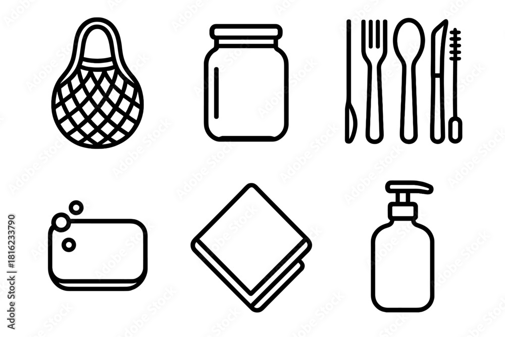 Obraz premium Zero Waste Essentials. Zero Waste Lifestyle linear icon set. mesh bag, reusable jar, bamboo utensils, soap bar, cloth napkin, refill bottle