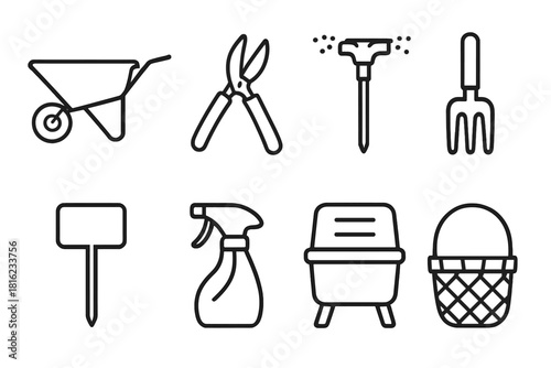 Garden Tools Icons. Garden Tools linear icon set: wheelbarrow, pruning shears, sprinkler head, garden fork, plant stake, spray bottle, compost bin, basket