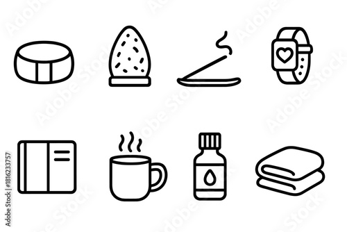 Balance Tools Icons Collection. Energetic balance tools linear icon set: meditation cushion, soothing lamp, incense stick, wellness tracker, journal page, warm mug, essential oil