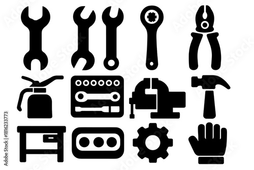 Brutalist Workshop Icons. Mechanical Workshop silhouette icon set. wrench, spanner, ratchet, pliers, oil can, socket set, vice, hammer, workbench, parts tray, gear, glove. , .