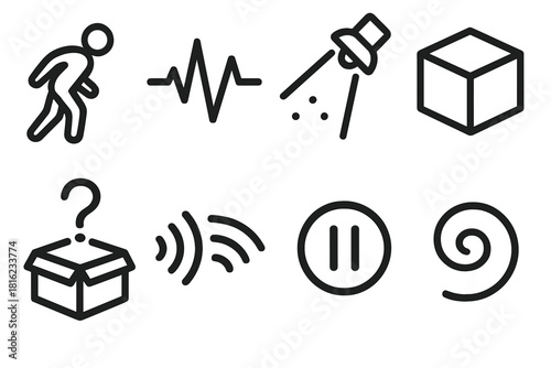 Anticipation Icons. Moments of Anticipation linear icon set: forward lean figure, heartbeat pulse, spotlight beam, unopened box, hovering question mark, whisper lines, pause icon