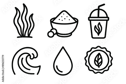 Algae and Seaweed Icons. Algae and Seaweed linear icon set: seaweed strand, algae powder, smoothie cup, ocean wave, droplet icon, eco badge