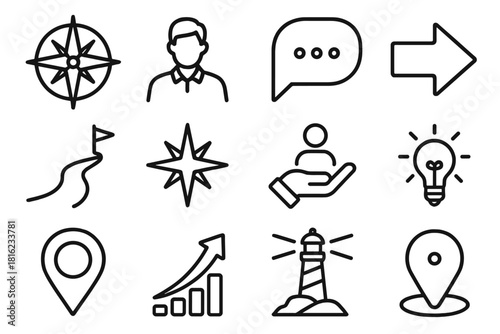 Navigational Icon Array. Direction & Mentorship Pack linear icon set: compass rose, mentor silhouette, advice bubble, pointing arrow, steady path, guiding star, supportive arc