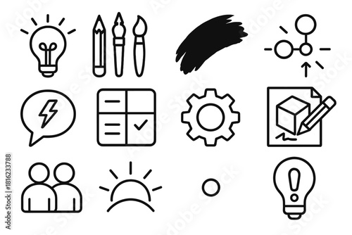 Labor Day Icons. Labor Day Creativity in Work linear icon set: lightbulb idea, creative tools, paint stroke, workflow spark, brainstorming bubble, task board, gear icon, concept