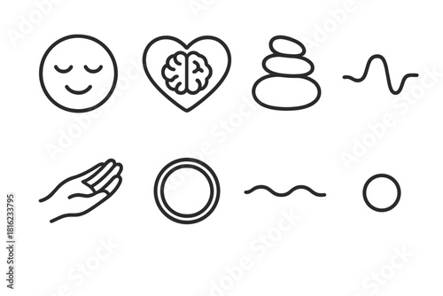 Balance and Stability Icons. Emotional Stability Planning linear icon set: calm bubble, heart–mind balance icon, grounding stone, steady breath line, supportive gesture, clarity
