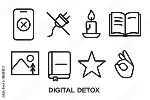 Digital Detox Icons. Digital Detox linear icon set. phone off, unplug icon, candle, book, journal, nature scene, star, hand gesture