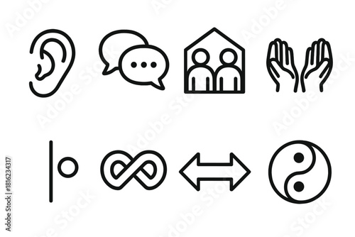 Interpersonal Negotiation Icons. Interpersonal Negotiation linear icon set: listening ear, conversation bubbles, shared space icon, empathy hands, boundary line, trust knot, mutual