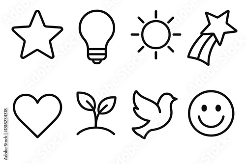 Motivational Word Icons. Motivational Word Art linear icon set. “Dream,” “Create,” “Shine,” “Inspire,” “Love,” “Grow,” “Hope,” “Smile.”