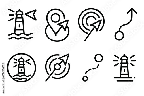 Guiding Nautical Icons. Guidance Signal linear icon set: lighthouse beam, guiding arrow, waypoint dot, direction ring, steady pulse, path marker, navigation line, beacon glow