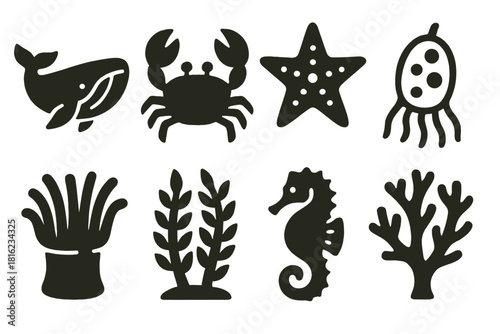 Bold Marine Icons. Marine Ecosystems silhouette icon set: whale, crab, starfish, plankton, sea anemone, kelp forest, seahorse, coral branch
