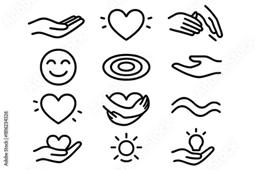Kindness Icon Set. Kindness Icons linear icon set: open hand, heart glow, gentle touch, warm smile symbol, kindness ripple, giving gesture, compassion spark, supportive arms, care