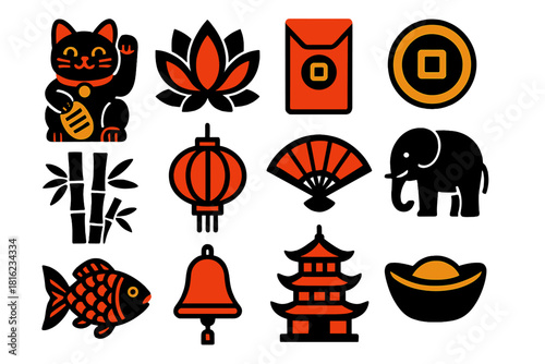 Cultural Icon Set. Cultural Charms silhouette icon set. waving cat, lotus, red envelope, gold coin, bamboo, lantern, fan, elephant, fish, bell, pagoda, ingot.