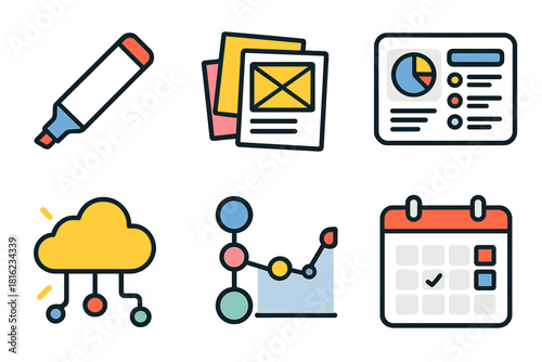Modern Workplace Tools. Workplace innovation tools flat icon set: whiteboard marker, sticky notes, prototype sheet, digital dashboard, brainstorming cloud, workflow chart, data