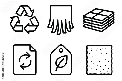Eco Paper Icons. Recycled Paper Set linear icon set: recycling arrows, shredded paper, bundled stack, reused sheet, eco label, rough-texture page