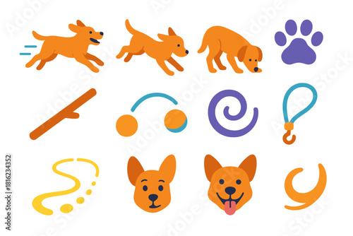 Dynamic Canine Icons. Canine Activity Set flat icon set: running dog, jumping dog, sniffing pose, tracking footprint, fetch stick, ball arc, playful swirl, leash handle, trail path