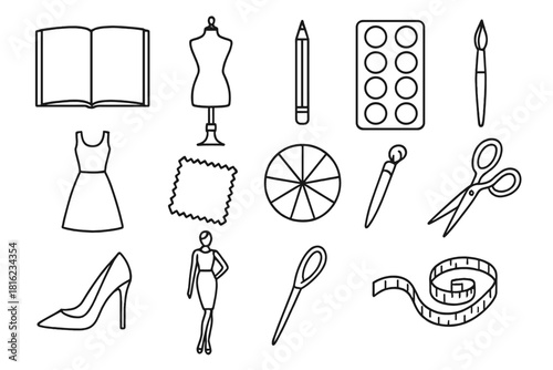 Fashion Design Essentials. Fashion Illustration linear icon set. sketchbook, mannequin, pencil, watercolor palette, dress silhouette, fabric swatch, color wheel, brush, shoe sketch