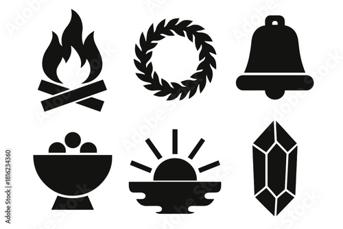 Brutalist Seasonal Icons. Seasonal Rituals silhouette icon set. bonfire, evergreen wreath, bell, offering bowl, sunrise, crystal