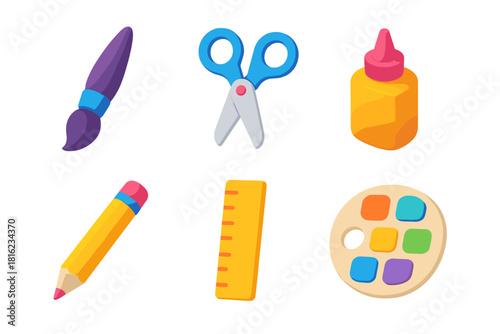 Colorful Creative Icons. Creative Tools flat icons set. paintbrush, scissors, glue bottle, pencil, ruler, color palette