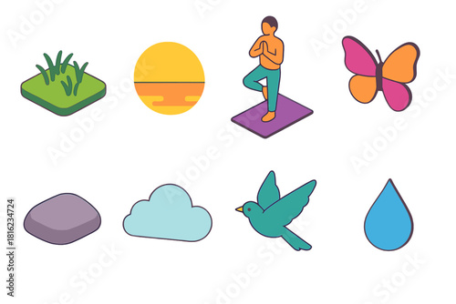 Isometric Outdoor Yoga Icons. Outdoor Yoga flat icon set: grass field, sunrise, tree pose, butterfly, rock, cloud, bird, water droplet