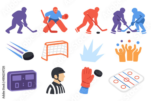 Hockey Icons Collection. Hockey Game Action flat icons set. player silhouette, goalie save, slapshot, face-off, puck trail, goal net, ice spray, cheering crowd, scoreboard, referee