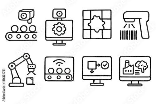 Industrial Vision Icons. Industrial Vision Systems set of icons in doodle hand-drawn vector style. conveyor camera setup, quality inspection node, defect detection grid, barcode