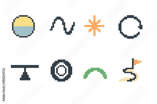 Stress-Free Icons Collection. Stress-Free Work Habits Concepts pixel style icon set: balance circle, harmony curve, energy spark, resilience loop, alignment beam, clarity ring