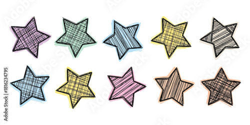 Vibrant hand-drawn doodle stars set with crayon-like texture, ideal for playful design elements and abstract backgrounds