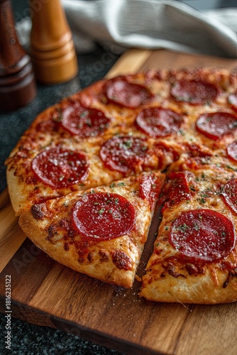 Wallpaper Mural Classic pepperoni pizza, not sliced on a cutting board Torontodigital.ca