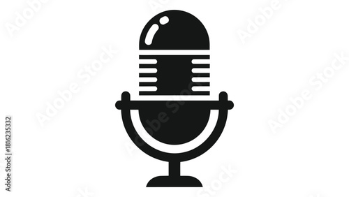 Black and white icon of a classic streaming microphone for voice capture.