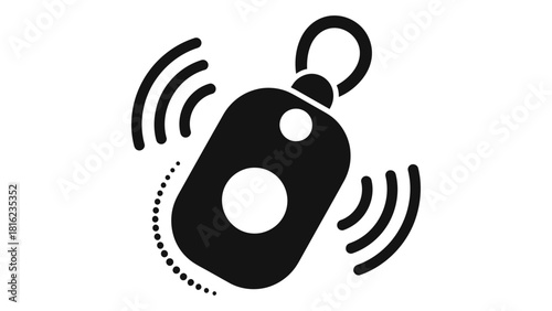 Black and white icon illustration of a wireless key finder device with sound waves indicating it is being located.