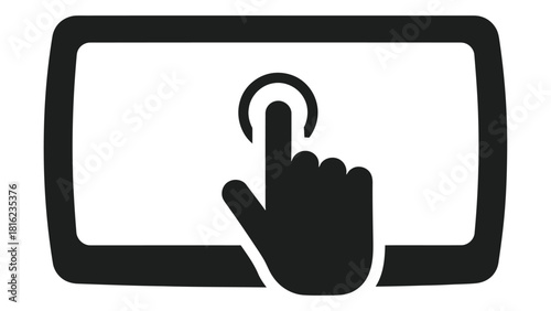 Black and white icon representing a finger touching a modern touchscreen monitor or display panel for digital interactio