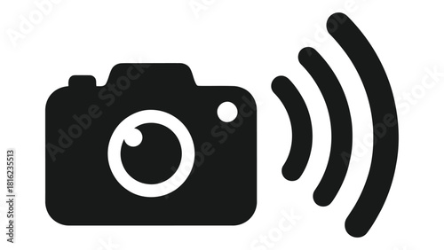 Black and white icon representing a wifi camera with wireless signal waves, perfect for security or monitoring concepts