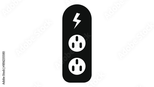 Black silhouette icon of a surge protector power strip with two outlets and a lightning bolt symbol.