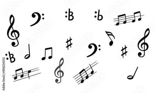 Musical notation symbols pattern featuring various notes, clefs, and accidentals arranged on a clean background.
