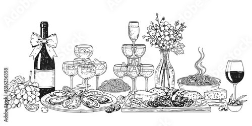 Elegant hand-drawn illustration of a festive gourmet banquet featuring wine, oysters, cheese, pasta, and more.