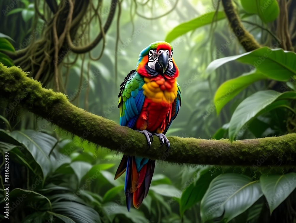 Obraz premium Vibrant Scarlet Macaw Perched on a Mossy Branch in a Misty Tropical Rainforest