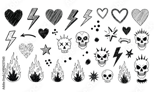 Hand drawn doodle set of punk rock and edgy design elements including skulls, hearts, lightning bolts, and flames