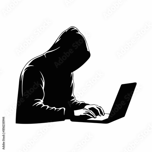 Hacker in Hooded Sweatshirt Working on Laptop Silhouette