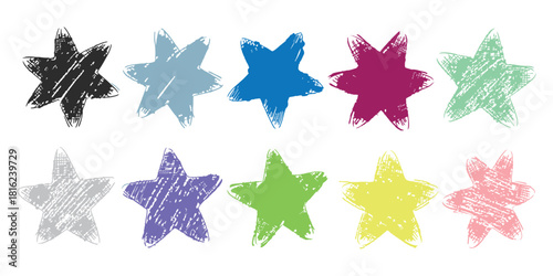 Colorful hand drawn grunge stars collection, a set of vibrant textured scribbled star shapes on a white background.