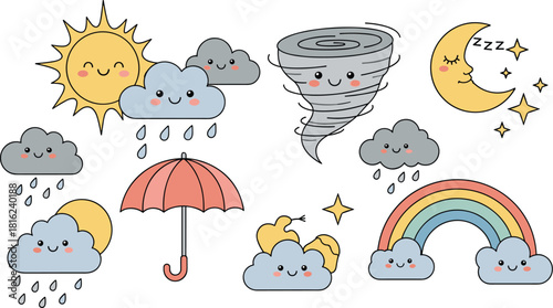 A charming collection of weather icons featuring a smiling sun, rain clouds, a tornado, a sleeping moon, an umbrella, and a rainbow isolated on white background