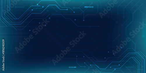 Futuristic blue circuit board background with glowing digital lines and tech elements