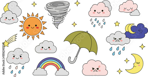 Cute weather icons isolated on white background featuring sun, cloud, tornado, umbrella, rainbow, moon, and stars, perfect for weather forecast and education