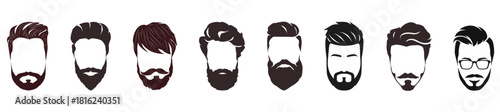 Set of 8 Vector Bearded Men Faces with Stylish Haircuts and Trendy Barbershop Designs