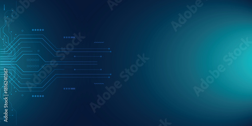 Futuristic blue circuit board background with glowing digital lines and tech elements