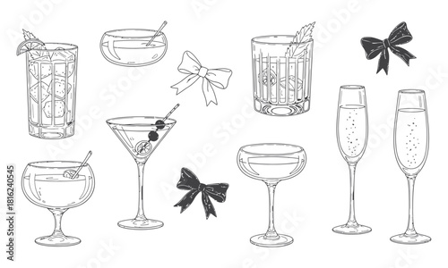 Hand-drawn collection of classic cocktails, various drink glasses, and decorative bows for design projects