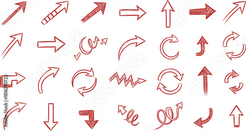 Collection of handdrawn red arrows isolated on white background, pointing in various directions, offering a versatile set for indicating movement, direction, and choice